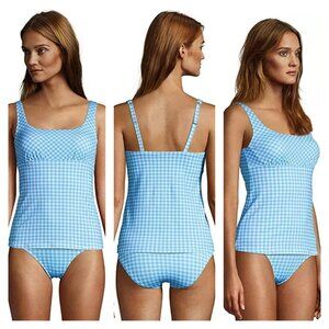 LANDS' END Nwt Square Neck Gingham Tankini 16DDD Underwire Blue Teal Aqua